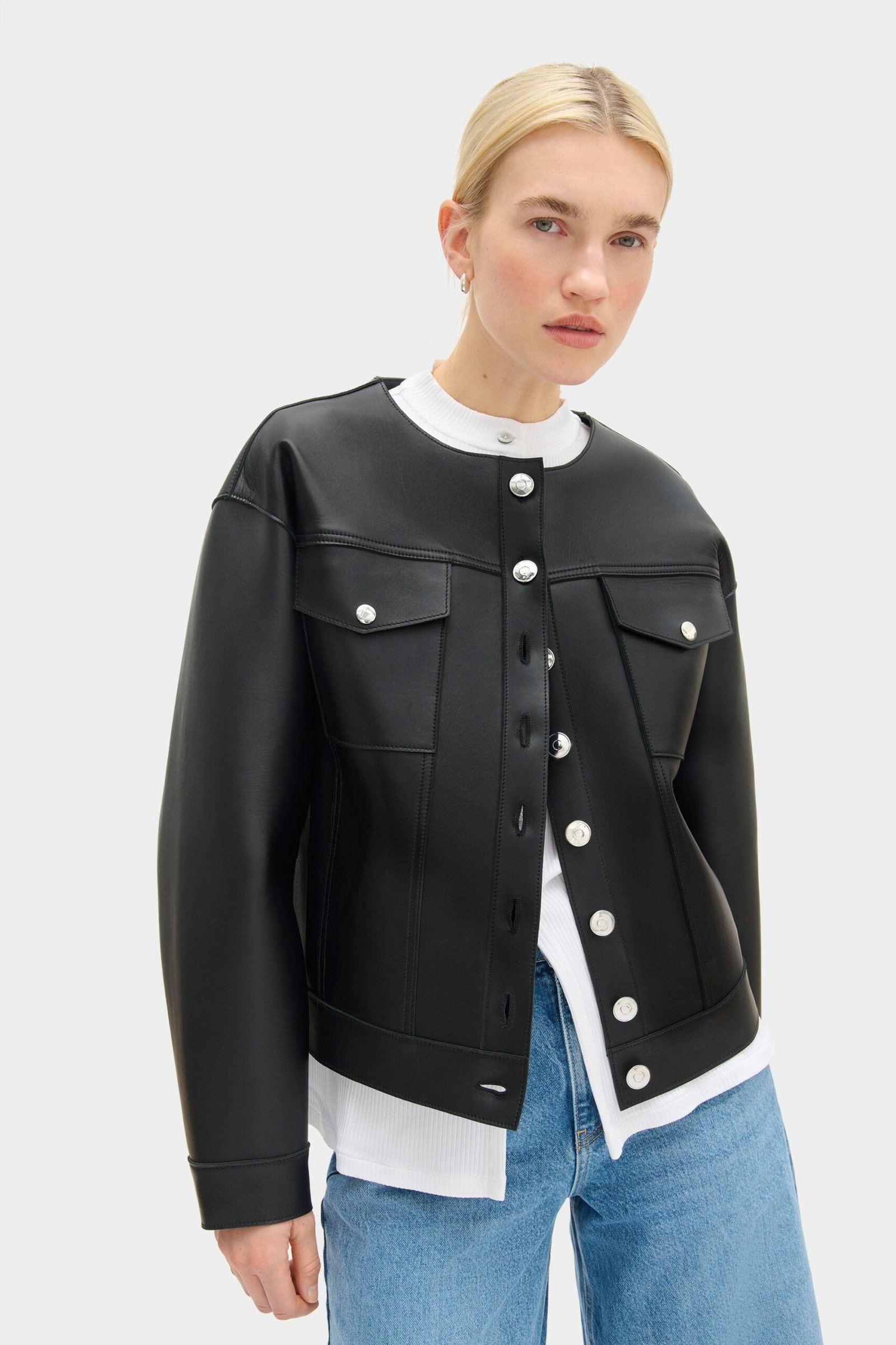 Moto Collarless Leather Jacket - Image 3