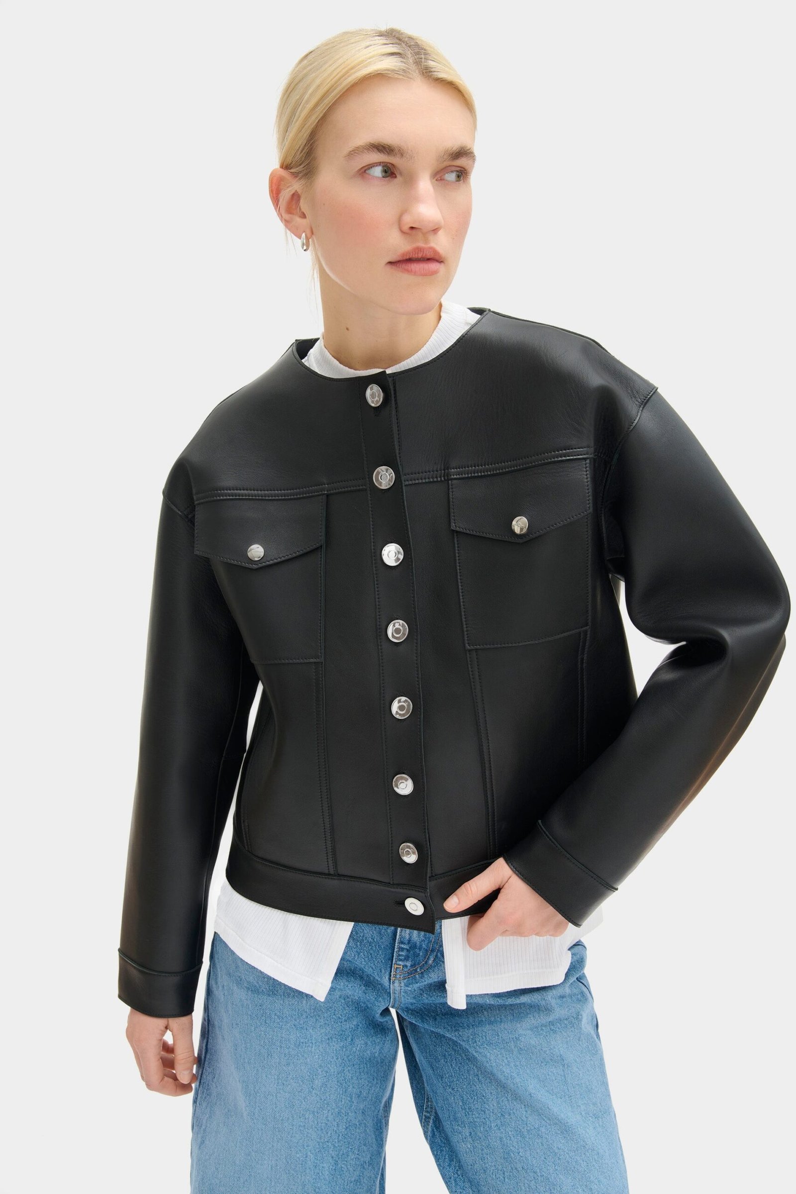 Moto Collarless Leather Jacket